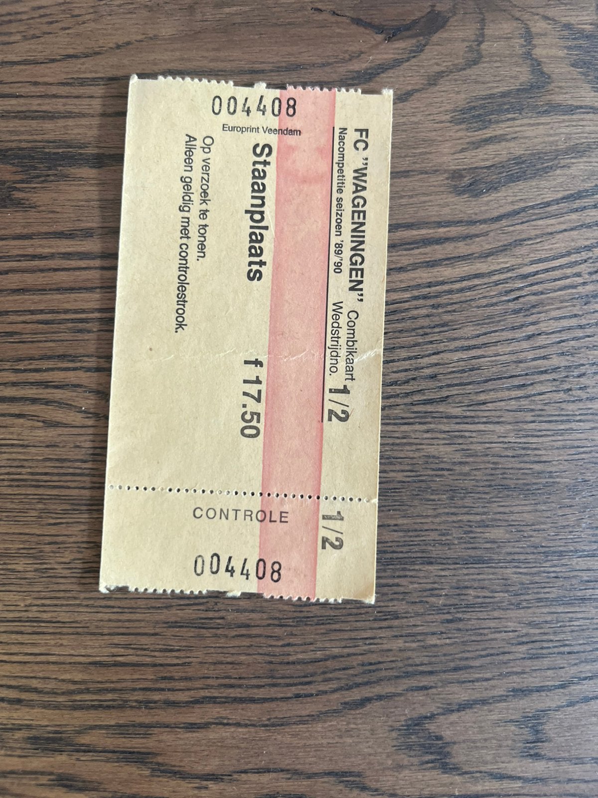 COMBITICKET WEDSTRIJD 1/2 FC WAGENINGEN NACOMPETITIE 89/90, Ophalen of Verzenden, Zo goed als nieuw, Overige binnenlandse clubs