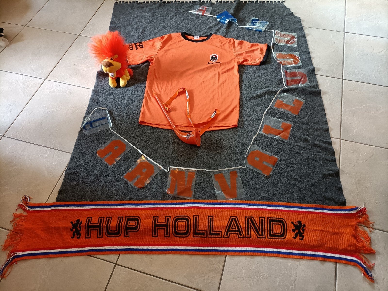Oranje Fan pakket: Shirt, Sjaal, Leeuw, slinger & Toeter, Ophalen of Verzenden, Versiering, Oranje of Koningsdag