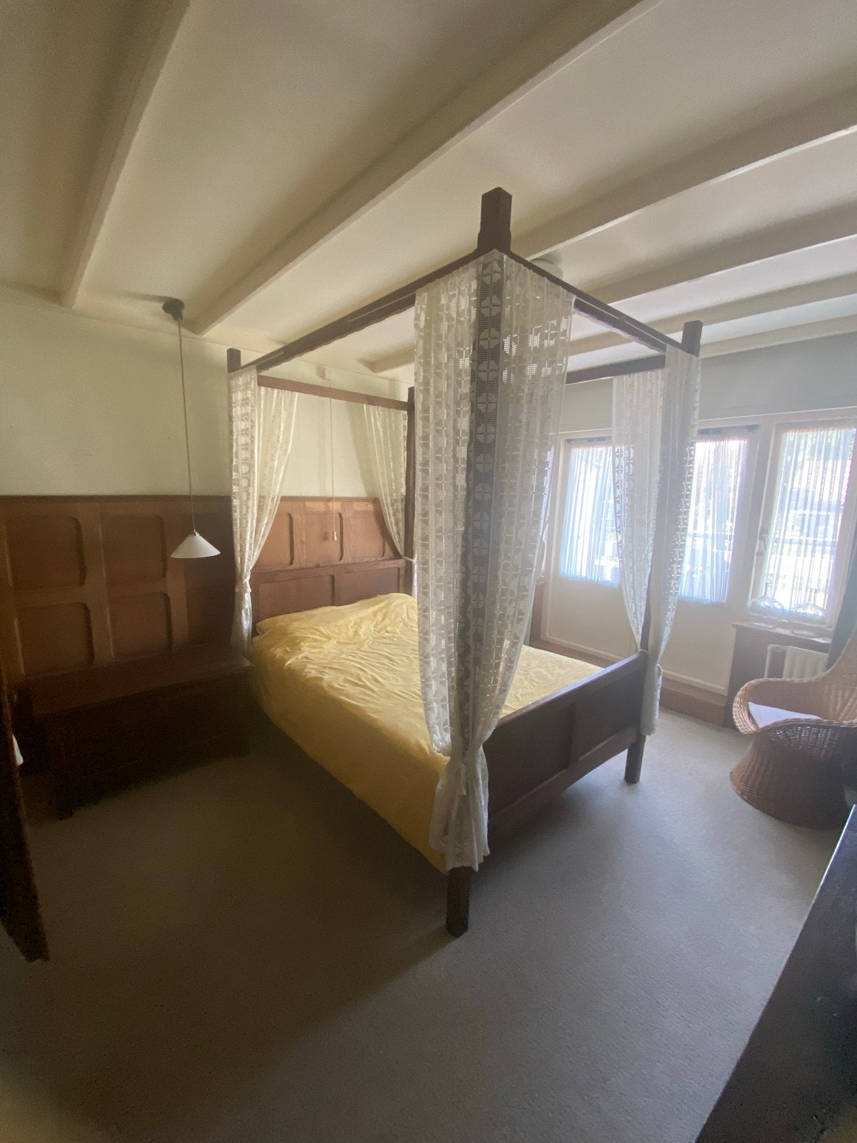 Houten hemelbed met gordijnen - Tweepersoons, Ophalen, Gebruikt, Bruin, Tweepersoons