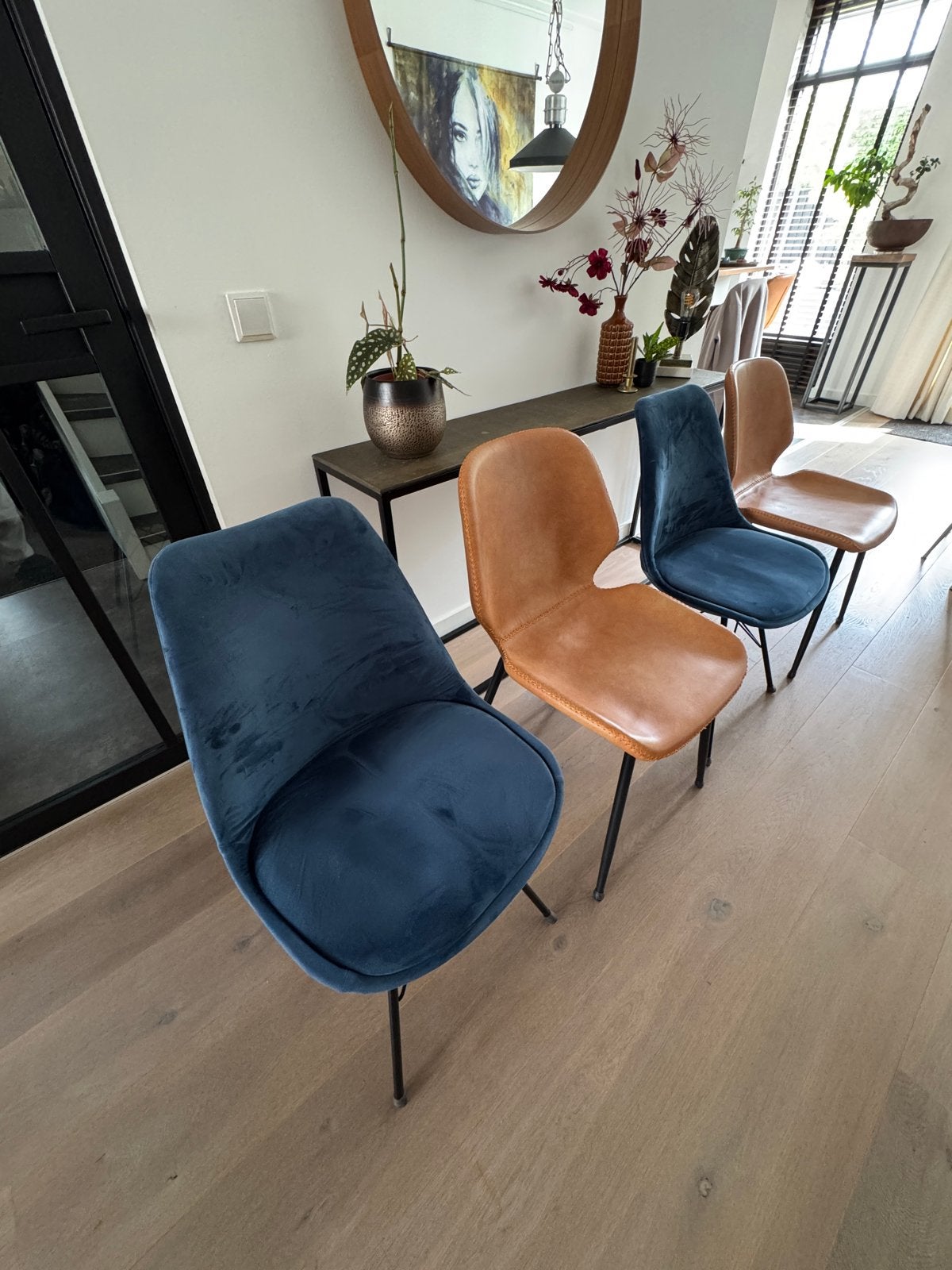 By Boo en Kick collection eetkamerstoelen - set van 4, Ophalen, Blauw, Leer, Zo goed als nieuw