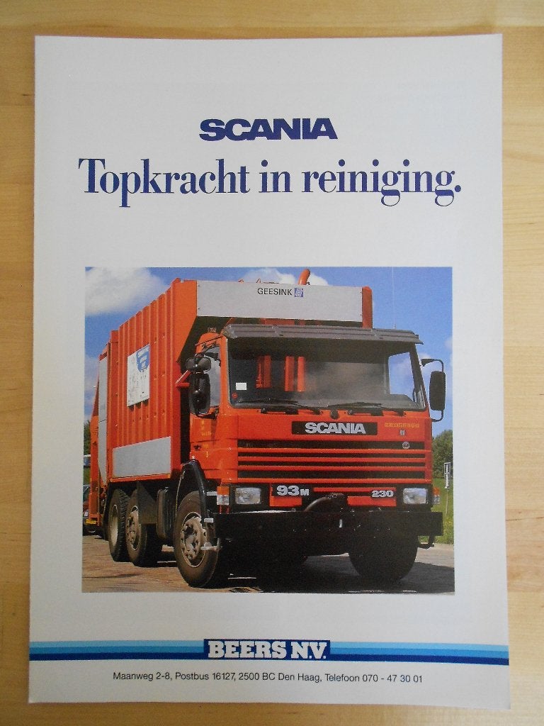 Scania 93 Vuilniswagen Reiniging Brochure 1989 P93, Boeken, Verzenden, Zo goed als nieuw, Overige merken, Scania