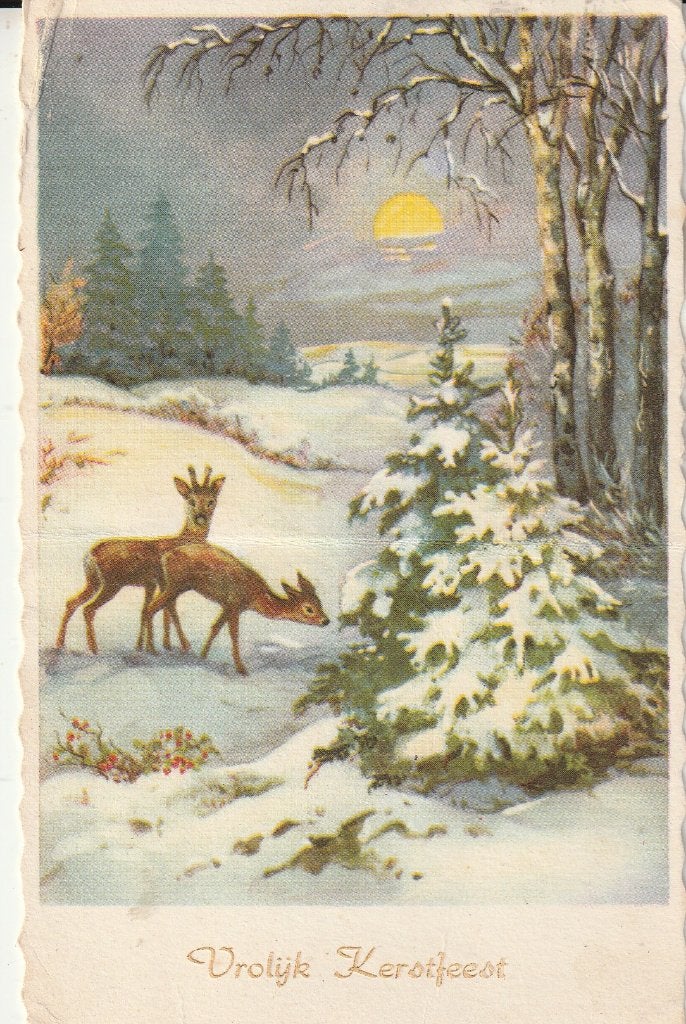 Vintage Kerstkaart 1957 - Herten in Besneeuwd Landschap, Ophalen of Verzenden, 1940 tot 1960, Gelopen, Feest(dag)