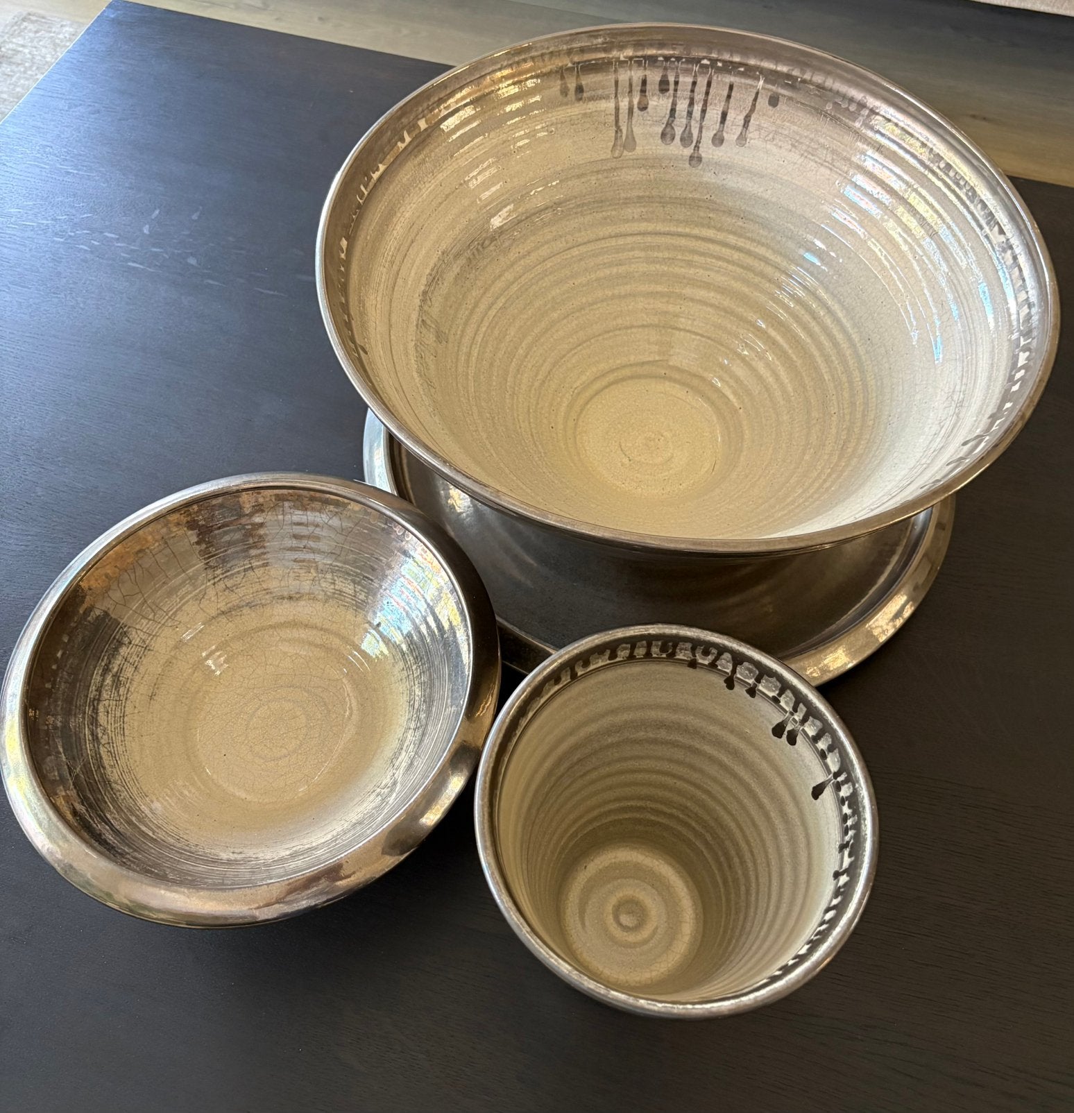 PLATINA geglazuurde vaas met 2 schalen en 1 onderbord, Ophalen of Verzenden, Zo goed als nieuw, Zilver, Overige materialen