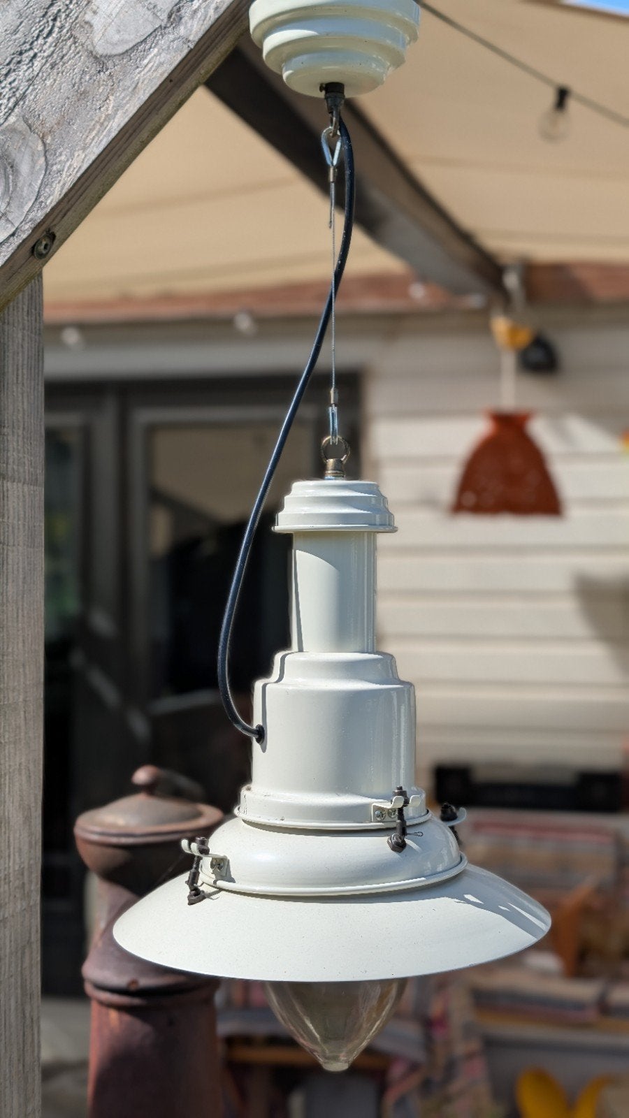 Mooie industriële emaille Hanglamp Scheepslamp zgan., Zo goed als nieuw, Glas, Industrieel, E27 (groot)