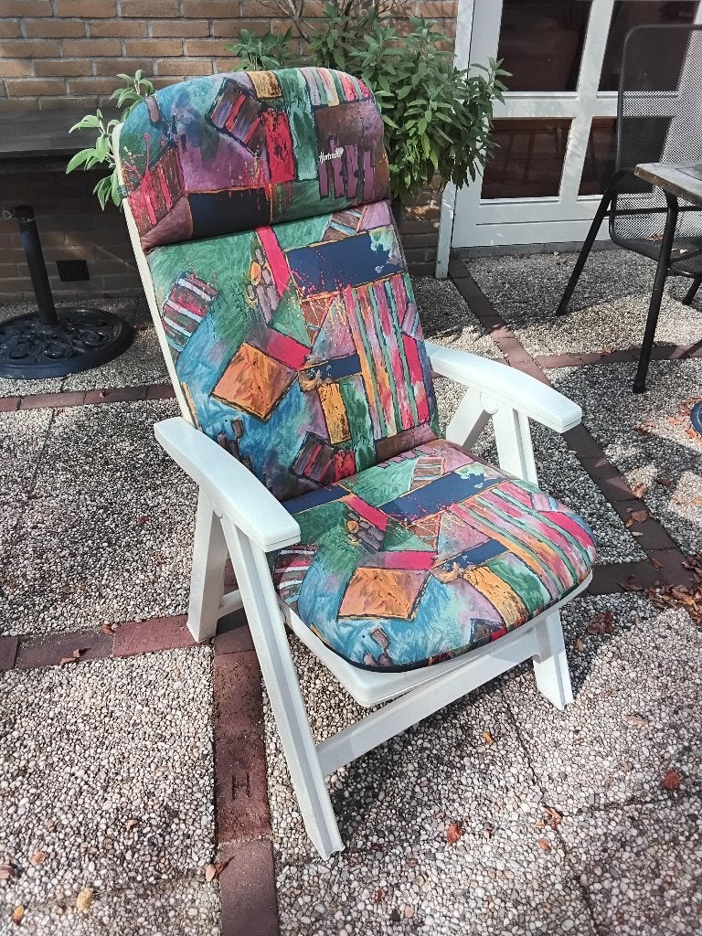 4 Jardin tuinstoelen met Hartmann kussens en grote parasol, Ophalen, Gebruikt, Kunststof, Inklapbaar