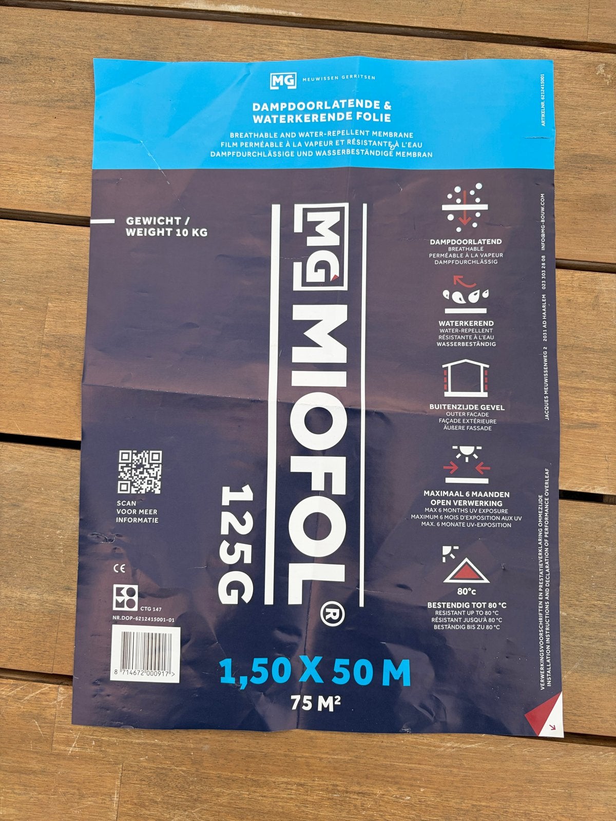 Restant MG Miofol 125G dampdoorlatende folie - 45m2, Ophalen of Verzenden, Nieuw, 15 m² of meer, Folie