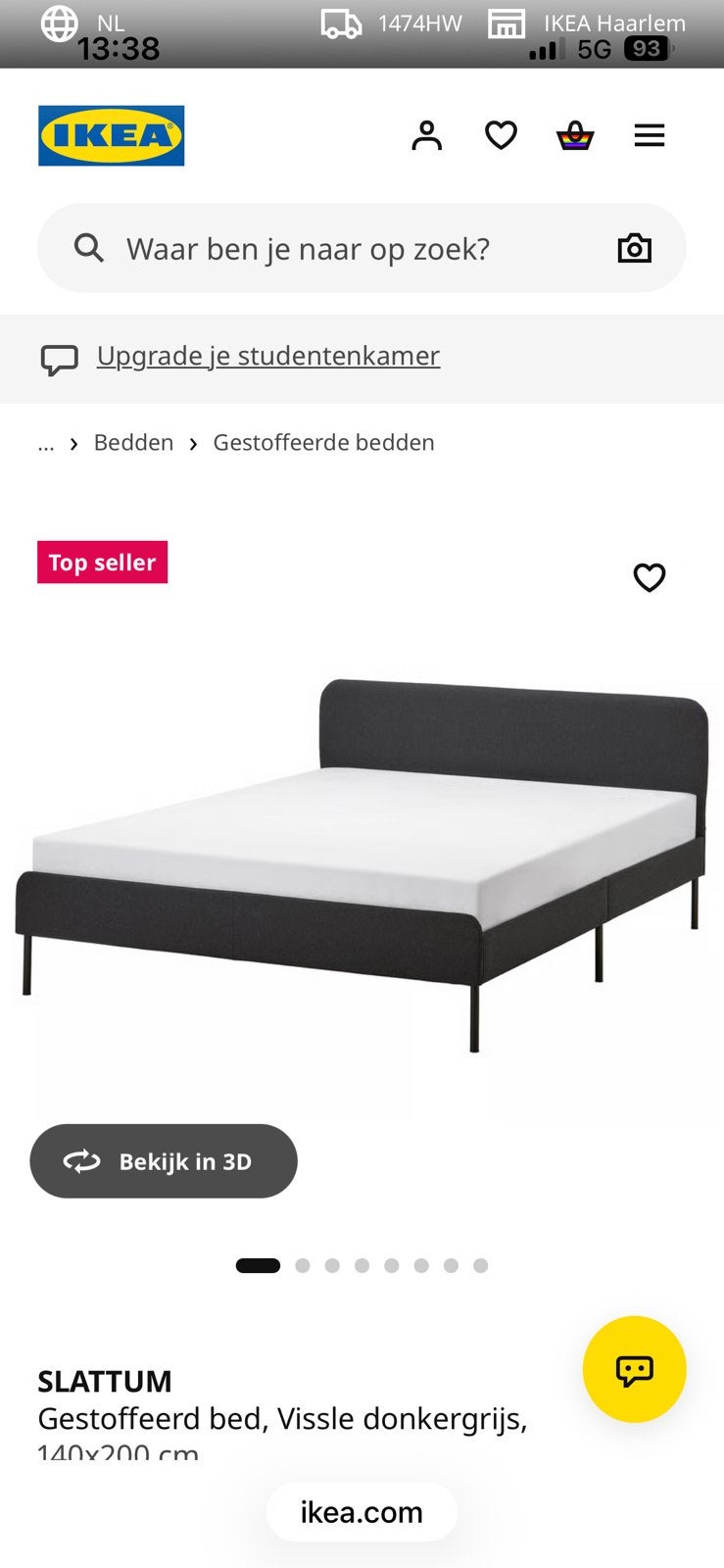 Ikea Slattum 140x200 cm. Gestoffeerd bed zonder matras, Ophalen, Tweepersoons, 140 cm, Zo goed als nieuw