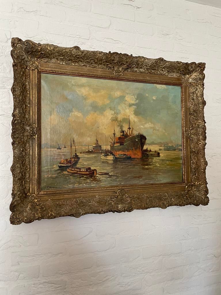 Olieverfschilderij F. Noorlander - Havenzicht met schepen, Antiek en Kunst, Kunst | Schilderijen | Klassiek, Ophalen