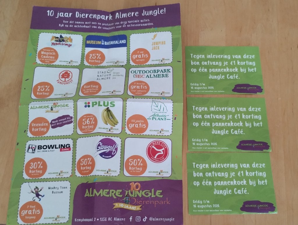 Kortingsbonnen diverse , in / rondom Almere, Tickets en Kaartjes, Drie personen of meer, Kortingsbon, Overige typen