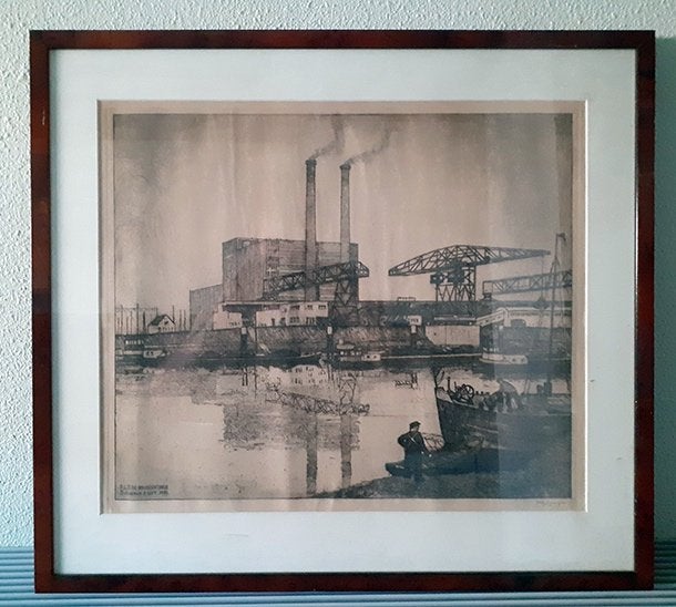 ETS Jelinger - PLEM Maascentrale 1955 - ingelijst, Antiek en Kunst, Ophalen of Verzenden, Stadsgezicht, Ets