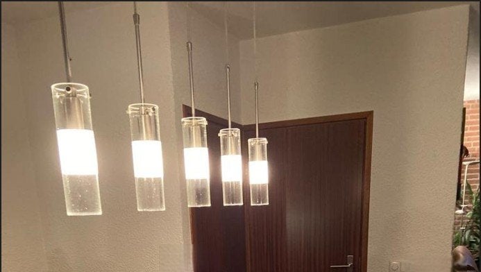 Hanglamp met 5 lichtbronnen, Ophalen, Zo goed als nieuw, Glas, E14 (klein)