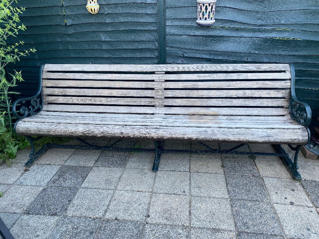 Antieke houten tuinbank met gietijzeren frame, Tuin en Terras, Ophalen, Gebruikt, Teakhout