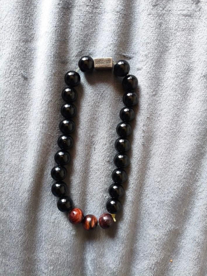 Lucleon heren kralen armband zwarte onyx & rode tijgeroog, Gebruikt, Zwart, Kunststof of Plastic, Ophalen of Verzenden