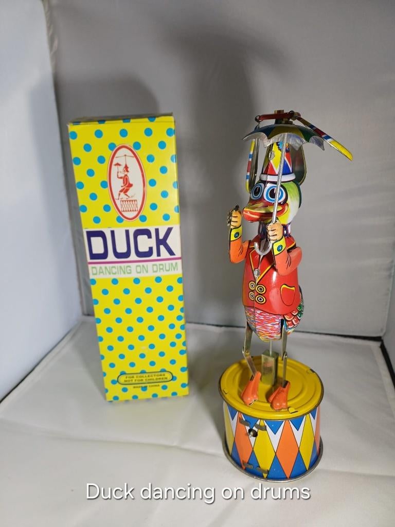 Blikken speelgoed Duck dancing on drums, Antiek en Kunst, Antiek | Speelgoed, Ophalen of Verzenden