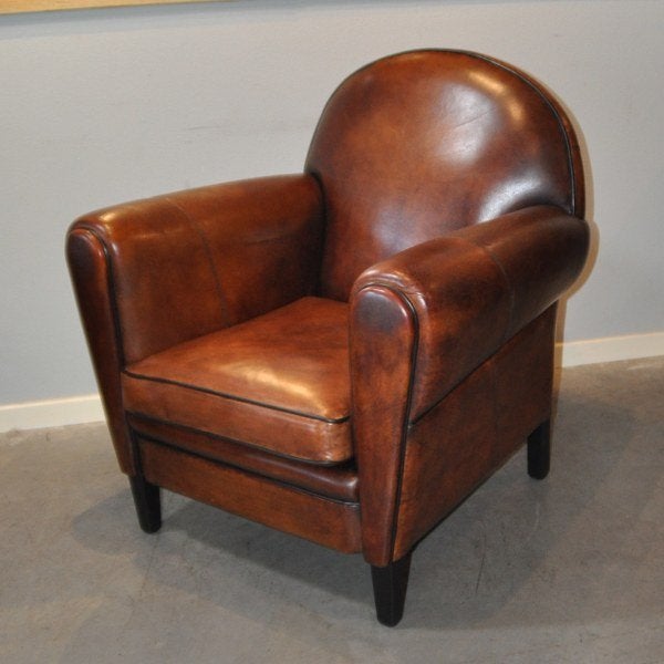 Schaapslederen Art Deco fauteuil, Ophalen, Gebruikt, 50 tot 75 cm, Leer