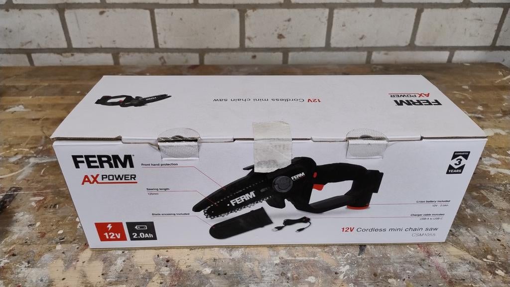 Ferm AX Power 12V Accu Mini Kettingzaag CSM1055, Ophalen, 70 mm of meer, Kettingzaag, Nieuw