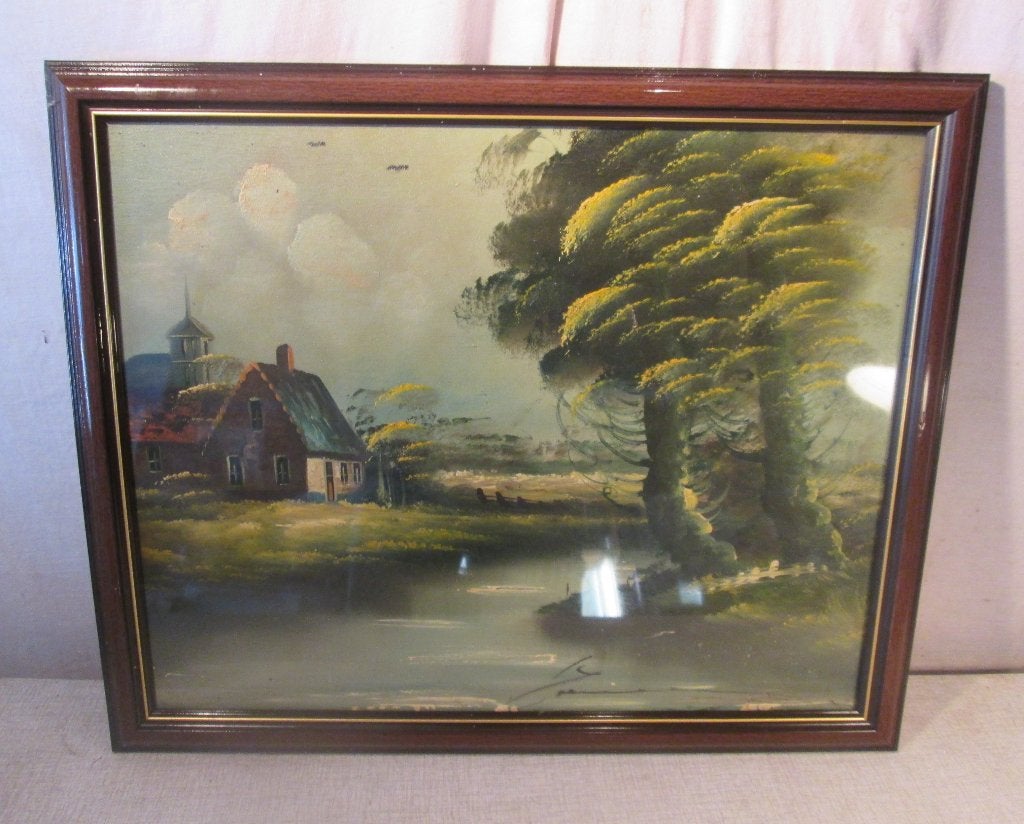 Mooi Geschilderd Werk 'Huis en Rivier' - gesigneerd, Doek, Ophalen of Verzenden, Landschap, Olieverf