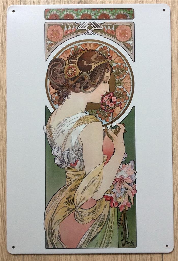 ALPHONSE MUCHA : Primrose Jugendstil Metalen Wandbord, Verzenden