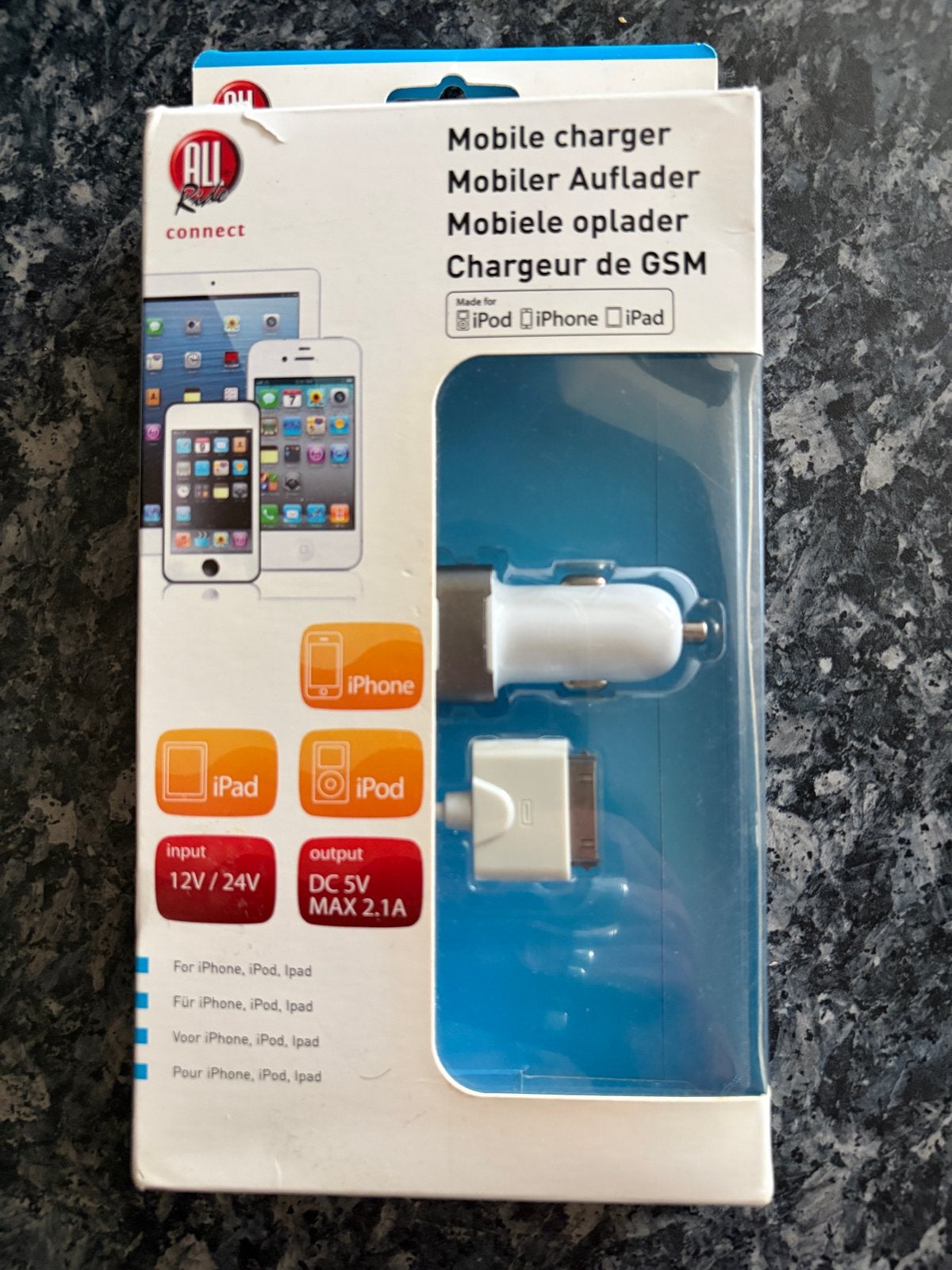 AU Connect Mobiele Autolader voor iPhone, iPod, iPad, Ophalen, Nieuw, Apple, Autolader