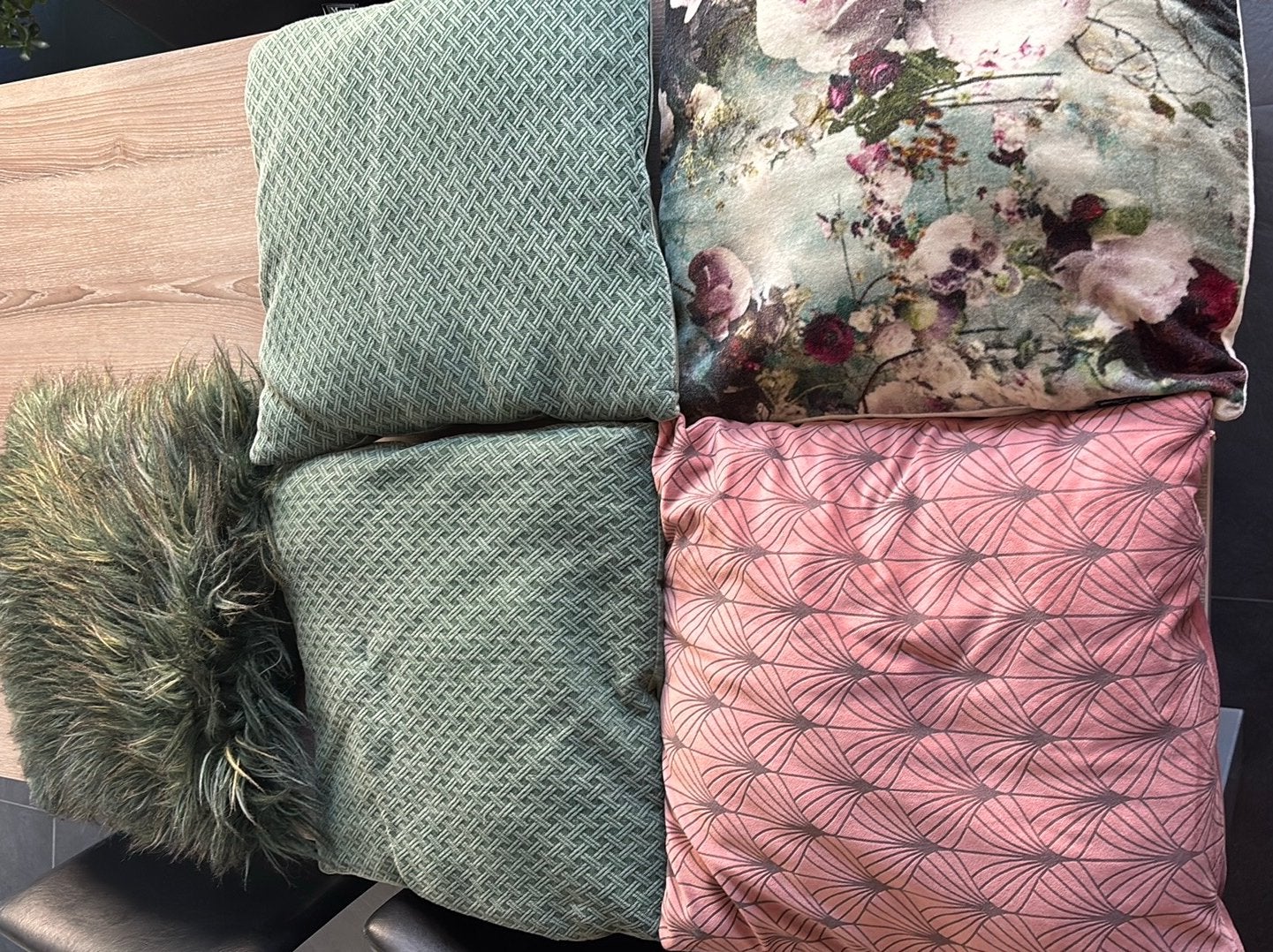 5 sierkussens groen, roze compleet (Mood collection, Unique), Overige merken, Vierkant, Ophalen of Verzenden, Zo goed als nieuw