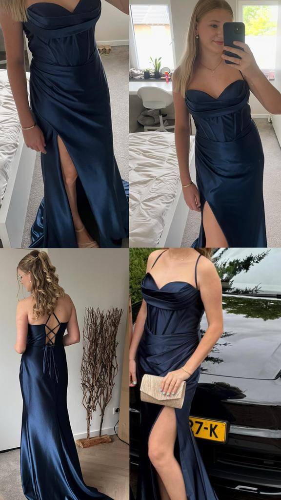 Elegante marineblauwe galajurk met split en open rug, Kleding | Dames, Maat 38/40 (M), Galajurk, Blauw, Ophalen of Verzenden