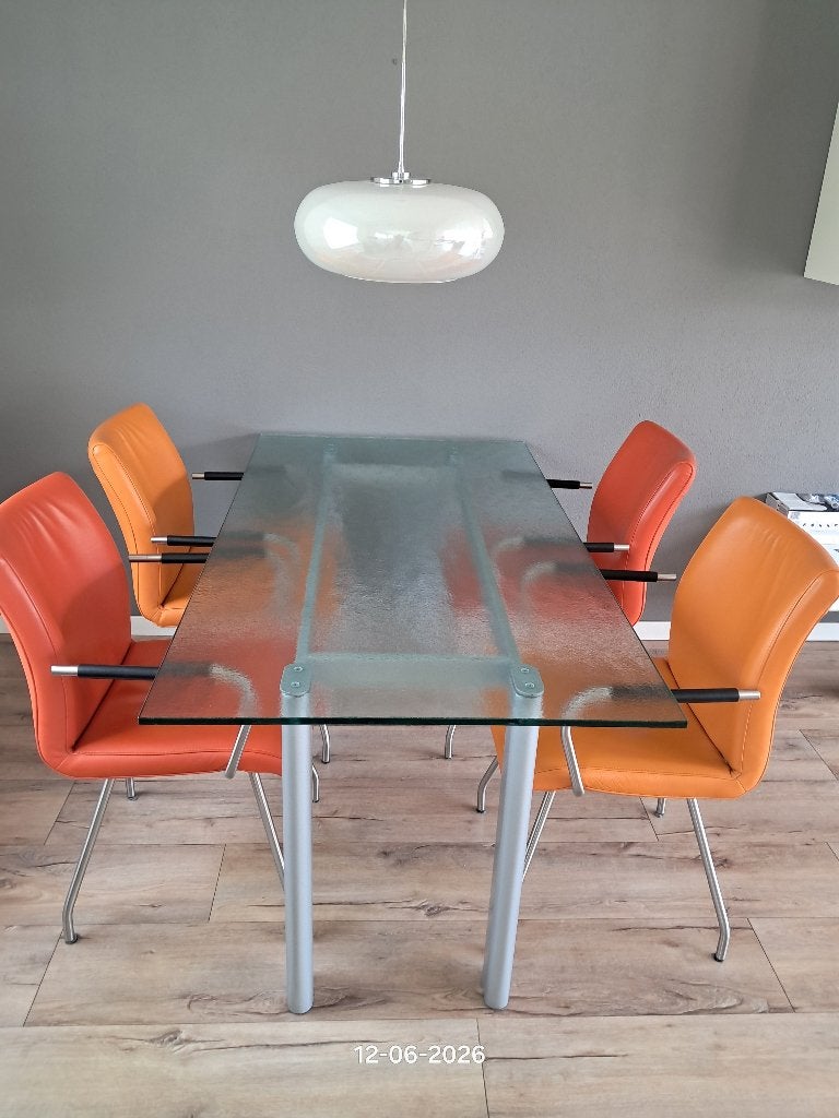 Eettafel met stoelen en lamp, Ophalen, Gebruikt, 50 tot 100 cm, Glas