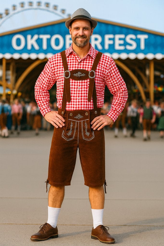 Rood Oktoberfest Kostuum met Bruine Lederhosen – - Maat Maat, Niet ingevuld, Niet ingevuld, Niet ingevuld