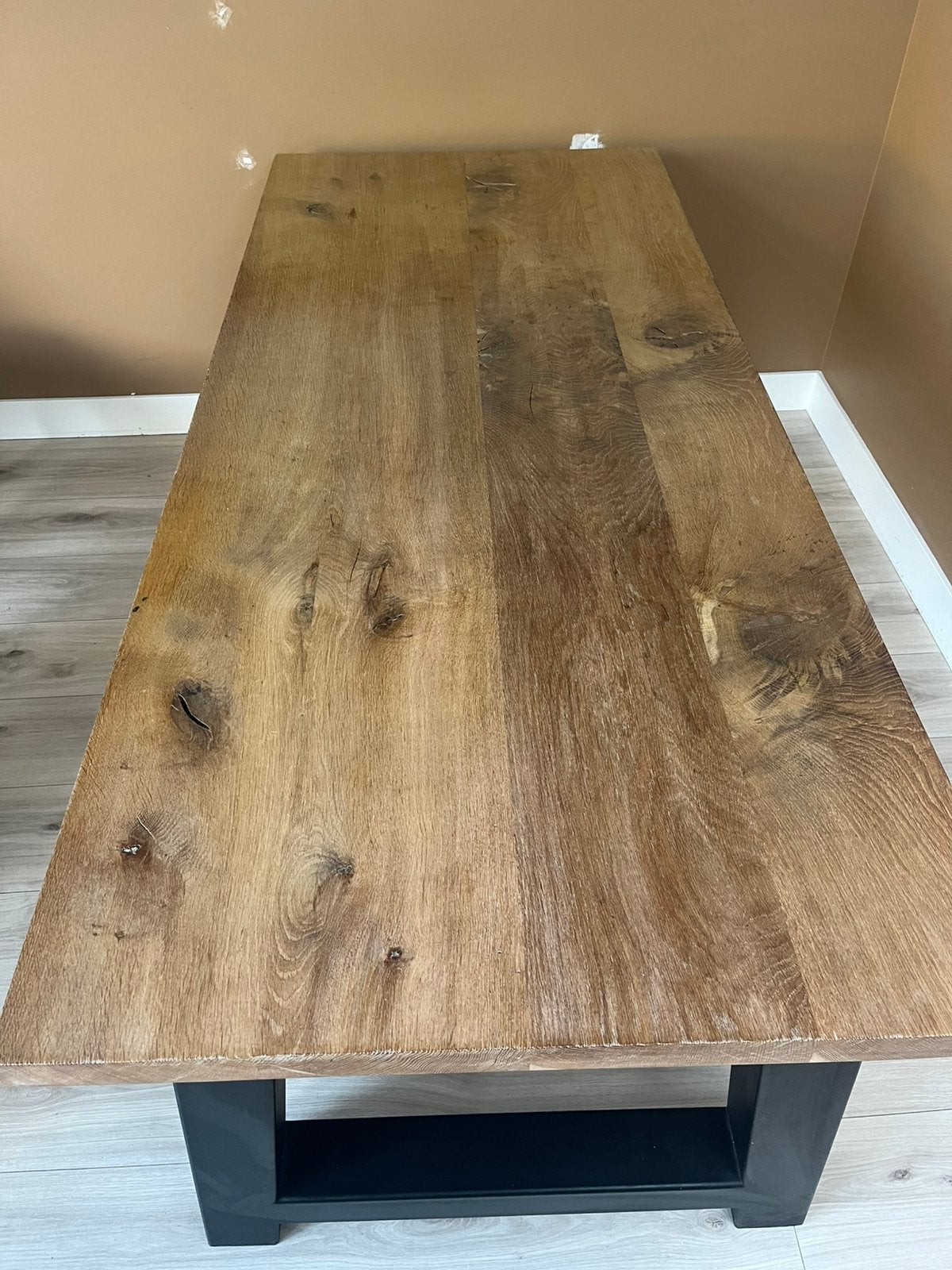 Eikenhouten eetkamertafel met poten van staal, Ophalen, Gebruikt, 200 cm of meer, 50 tot 100 cm