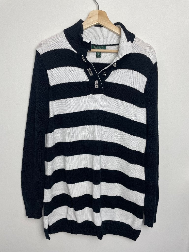 Ralph Lauren grofgebreide lange trui zwart wit gestreept XL, Zwart, Maat 46/48 (XL) of groter, Ophalen of Verzenden, Zo goed als nieuw