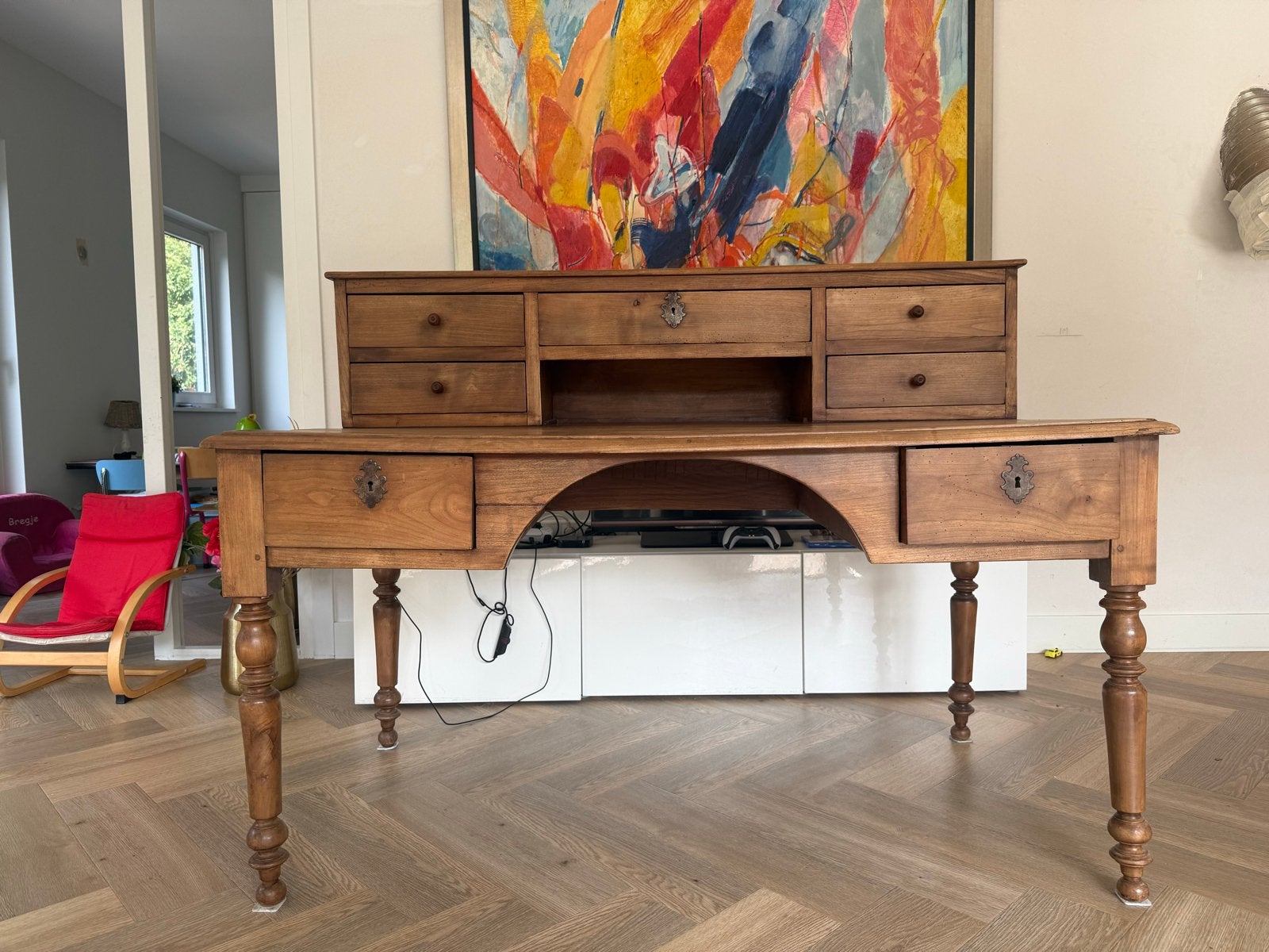 Antiek houten / eiken  bureau met opbouw en laden, Ophalen, Gebruikt, Hout, 144 cm