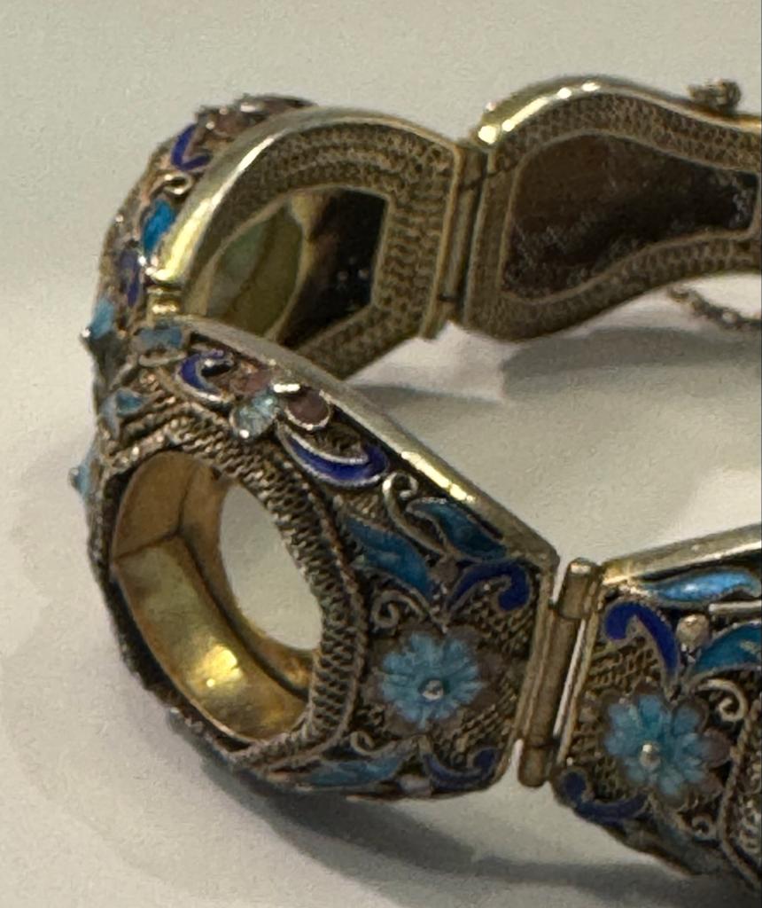 Antiek Chinees Filigraan Armband met Emaille en Jade, Ophalen of Verzenden, Zo goed als nieuw, Blauw, Zilver