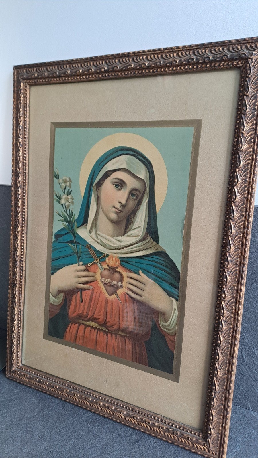 Antieke prent Onze-Lieve-Vrouw met Heilig Hart in lijst, Antiek en Kunst, Ophalen