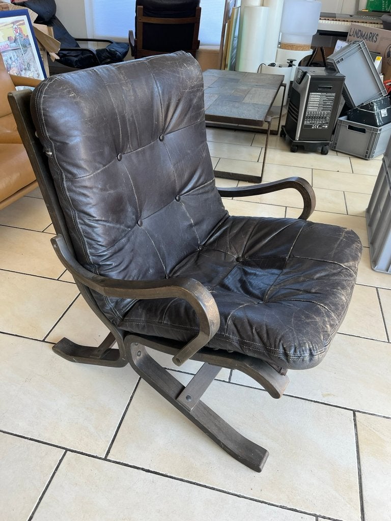 Midcentury Scandinavische fauteuil met lederen kussen, Ophalen, Gebruikt, Leer, 50 tot 75 cm