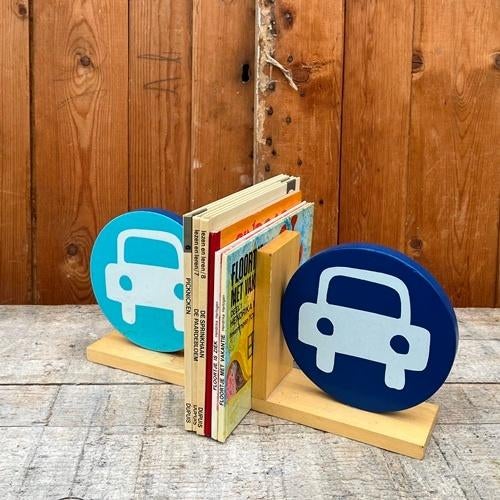 Boekensteun set hout met auto blauw kinder SET PRIJS, Ophalen of Verzenden, Gebruikt