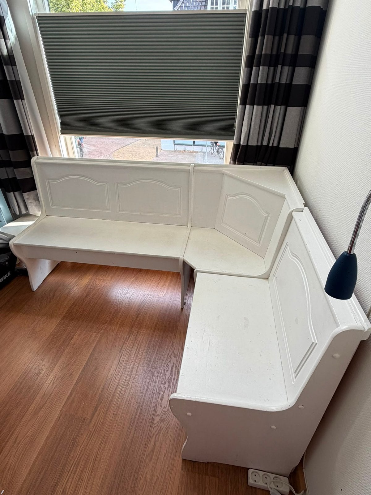 Witte hoekbank met opbergruimte, 174x133,5 cm, Ophalen, Gebruikt, 125 tot 150 cm, 150 tot 200 cm