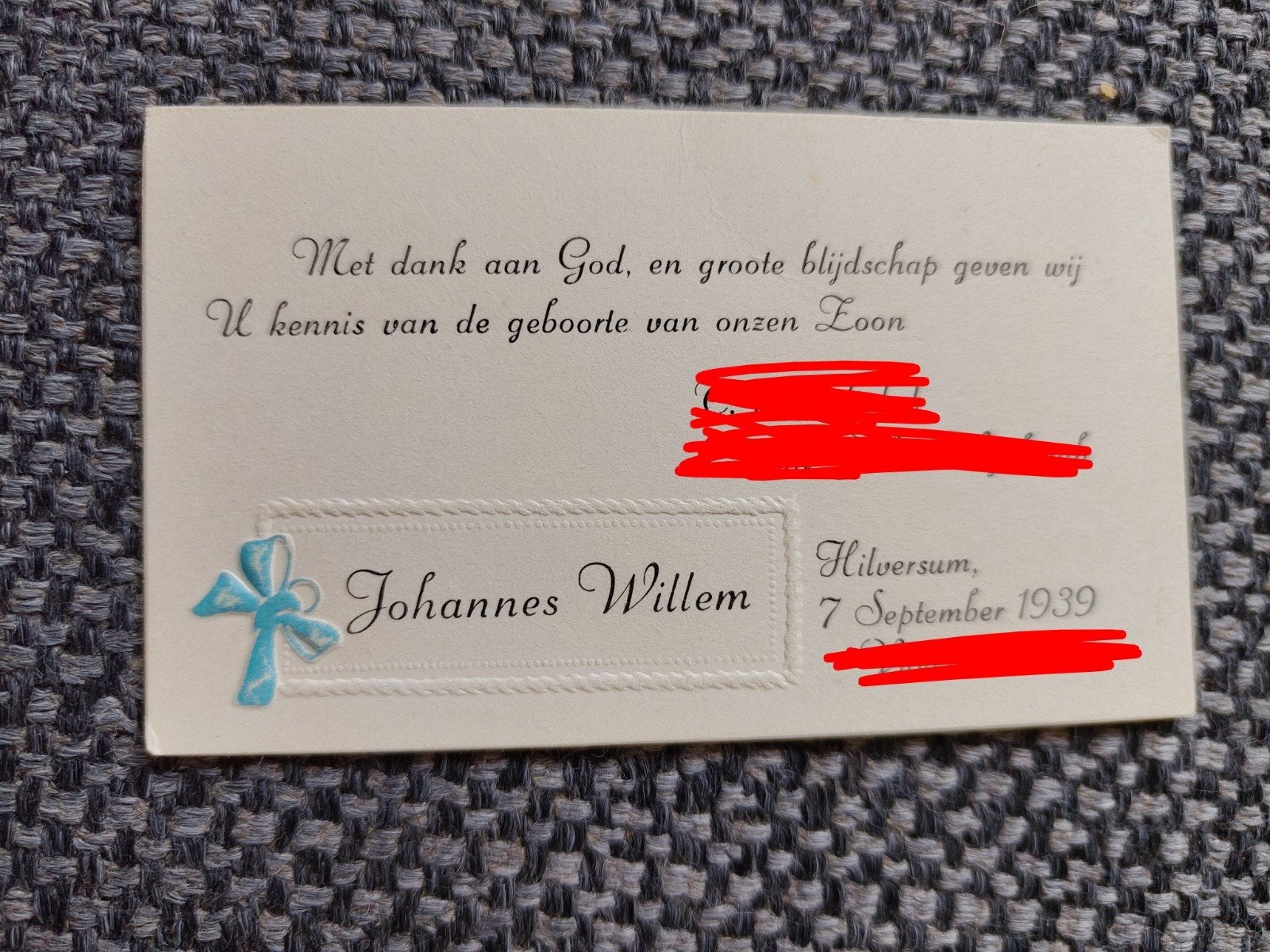 1939: Johannes te Hilversum, Verzamelen, Geboortekaartjes en Visitekaartjes, Ophalen of Verzenden, Voor 1970, Geboortekaartje