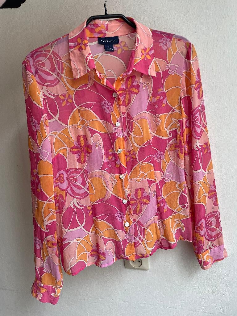 Vintage blouse S 36 zijde Ann Taylor bloemenprint top, Ophalen of Verzenden, Zo goed als nieuw, Roze, Ann Taylor