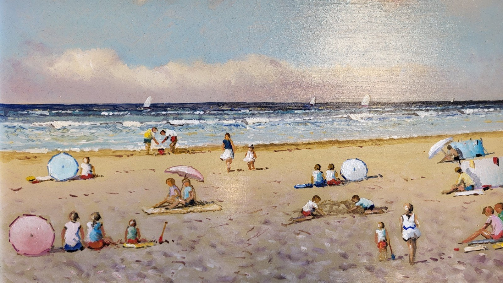 Schilderij strandgezicht met badgasten en parasols, Maritiem / water, Doek, Realistisch, Ophalen of Verzenden