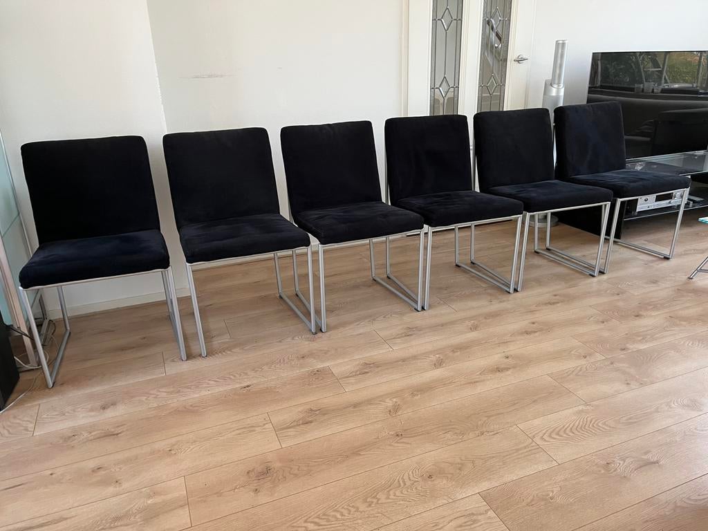 Harvink 6 eetkamerstoelen model Point Zwarte Stof Per 6, Gebruikt, Zwart, Design, Ophalen of Verzenden