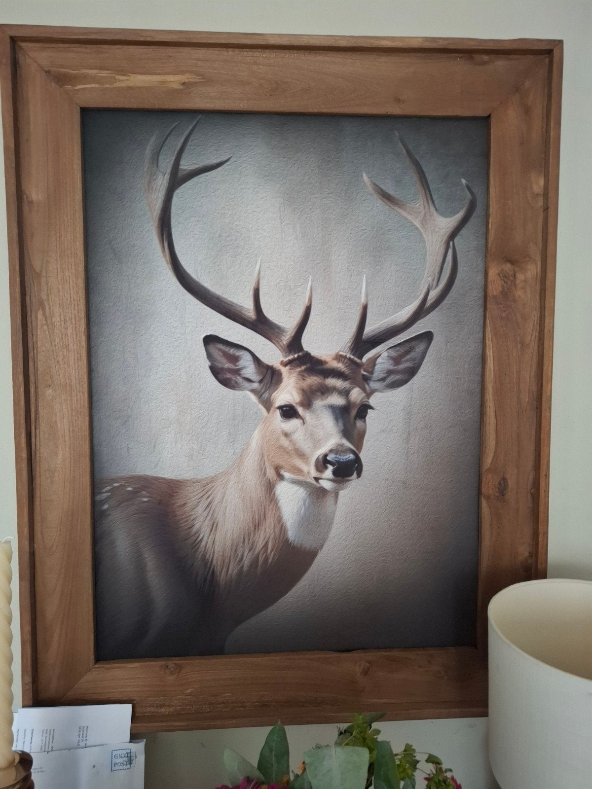 Prachtig schilderij van een hert in houten lijst, Ophalen, Zo goed als nieuw, Schilderij, 75 – 100