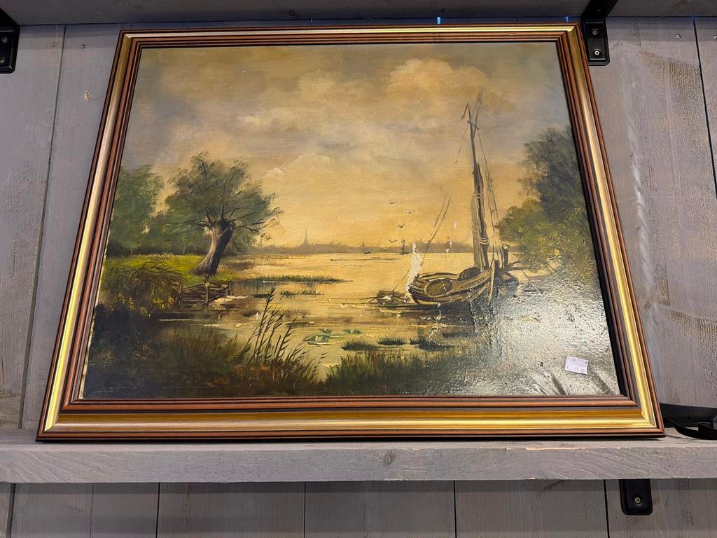 Oud Hollands Landschap Schilderij met Boot, Antiek en Kunst, Kunst | Schilderijen | Klassiek, Ophalen