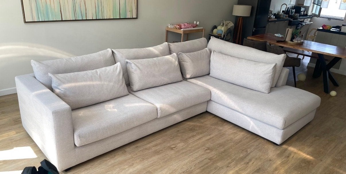 Grote beige 7-zits bank, 310cm, zo goed als nieuw, Ophalen, Hoekbank, 300 cm of meer, Zo goed als nieuw