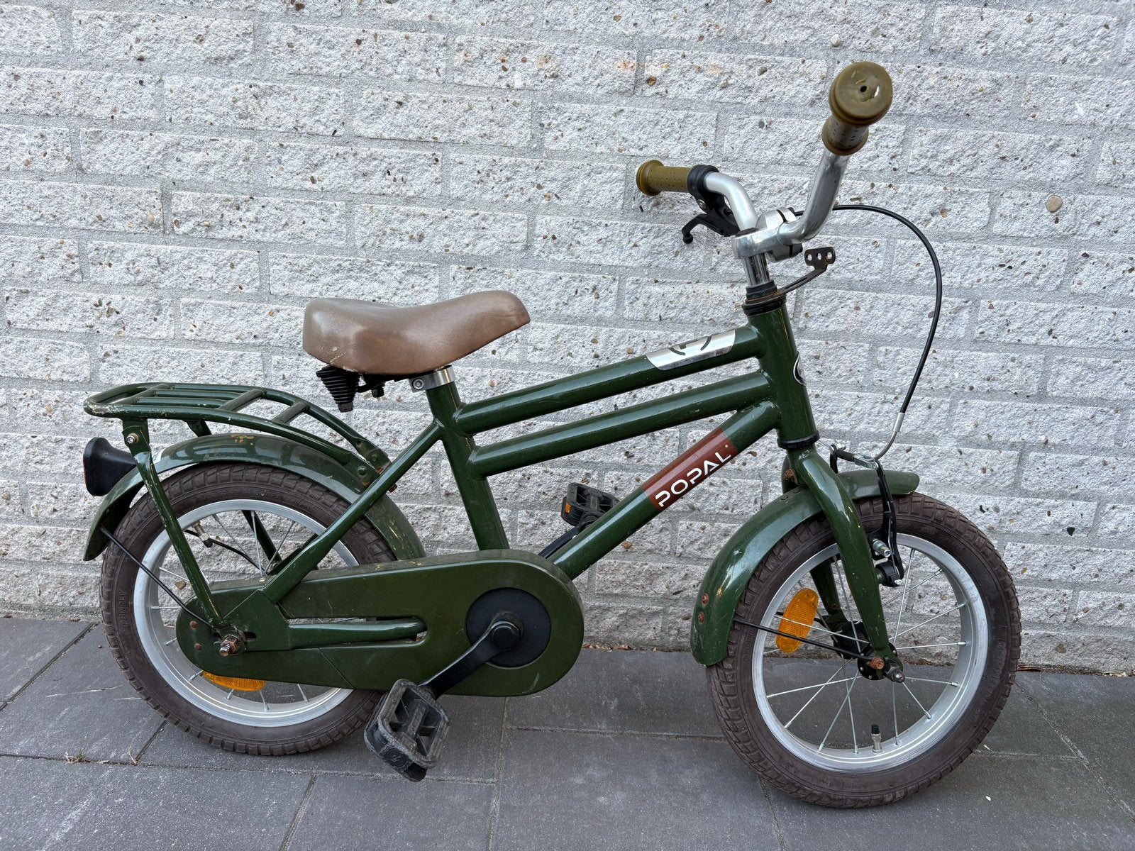 Popal kinderfiets 14 inch met voorlader en zijwieltjes, Ophalen, Zijwieltjes, Gebruikt, Minder dan 16 inch