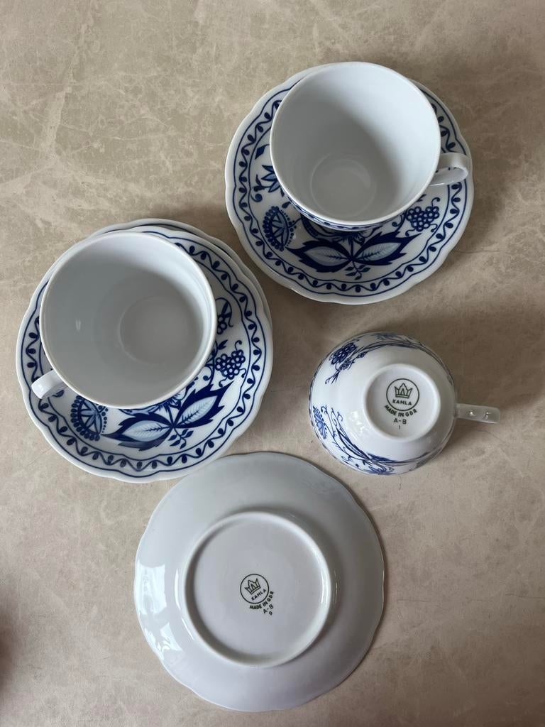 Vintage Kahla Blue Onion koffiekopjes & schotels (set van 3), Ophalen of Verzenden