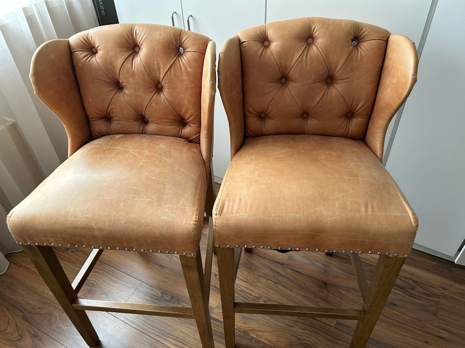Riviera Maison Barstoelen set van 2 pellini leer., Ophalen, Gebruikt, Met voetsteun, Leer