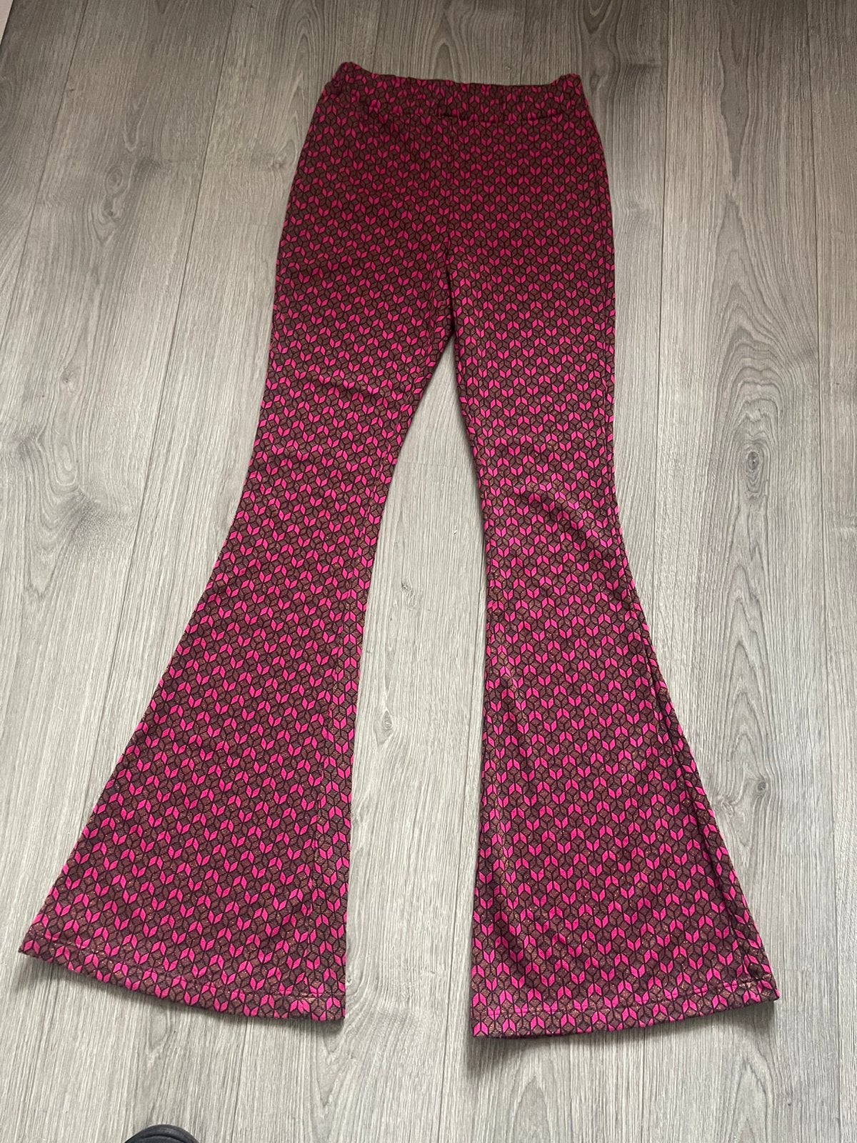 Loavies flared broek met retro print maat S, Bruin, Ophalen of Verzenden, Zo goed als nieuw, Maat 36 (S)