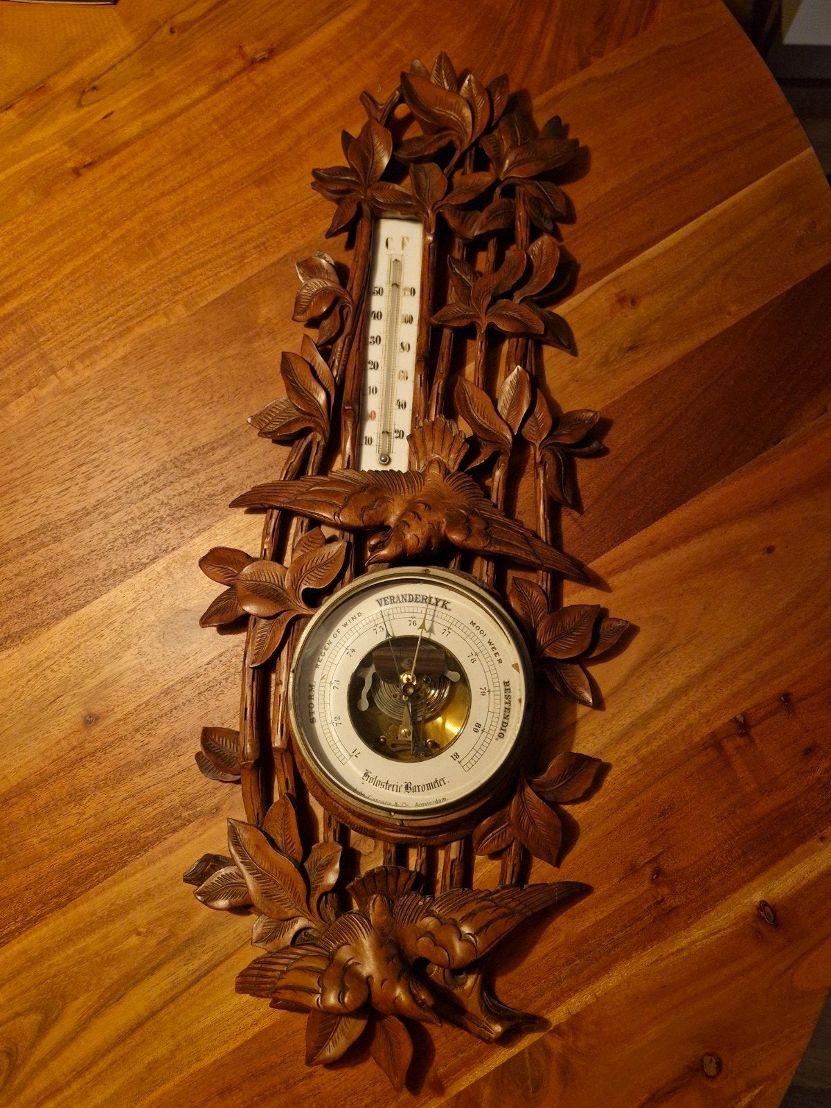 Antieke Barometer Weerstation Houtsnijwerk Vogels, Ophalen, Gebruikt, Weerstation
