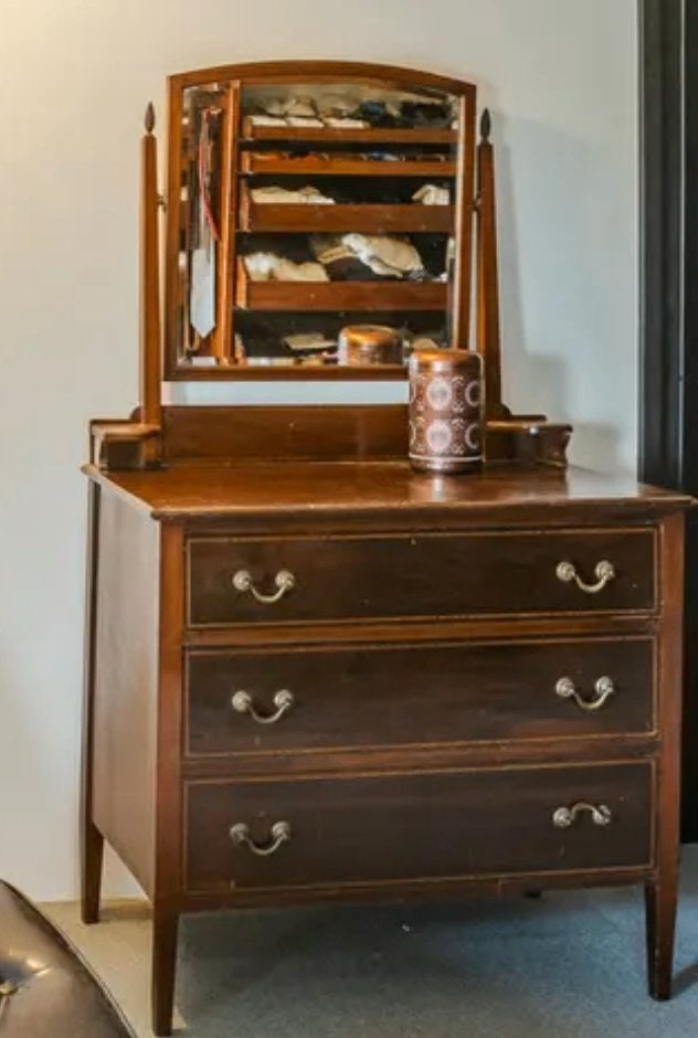 EDWARDIAANSE ANTIEKE MAHONIEHOUTEN COMMODE MET SPIEGEL, Antiek en Kunst, Ophalen