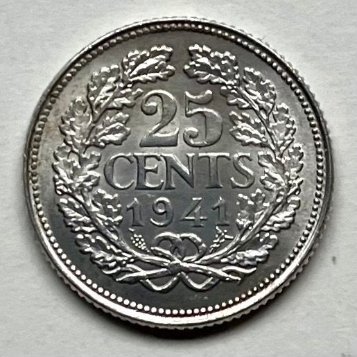 Nederlands Wilhelmina kwartje uit 1941 (64% zilver), Postzegels en Munten, Munten | Nederland, Zilver, 25 cent, Ophalen of Verzenden