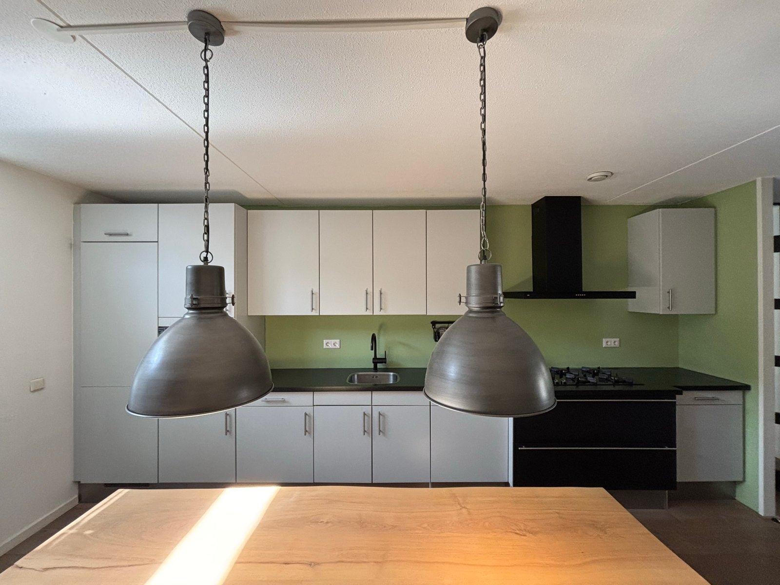 Set van 2 grijze industriële hanglampen, Ophalen, Gebruikt, Metaal, E27 (groot)
